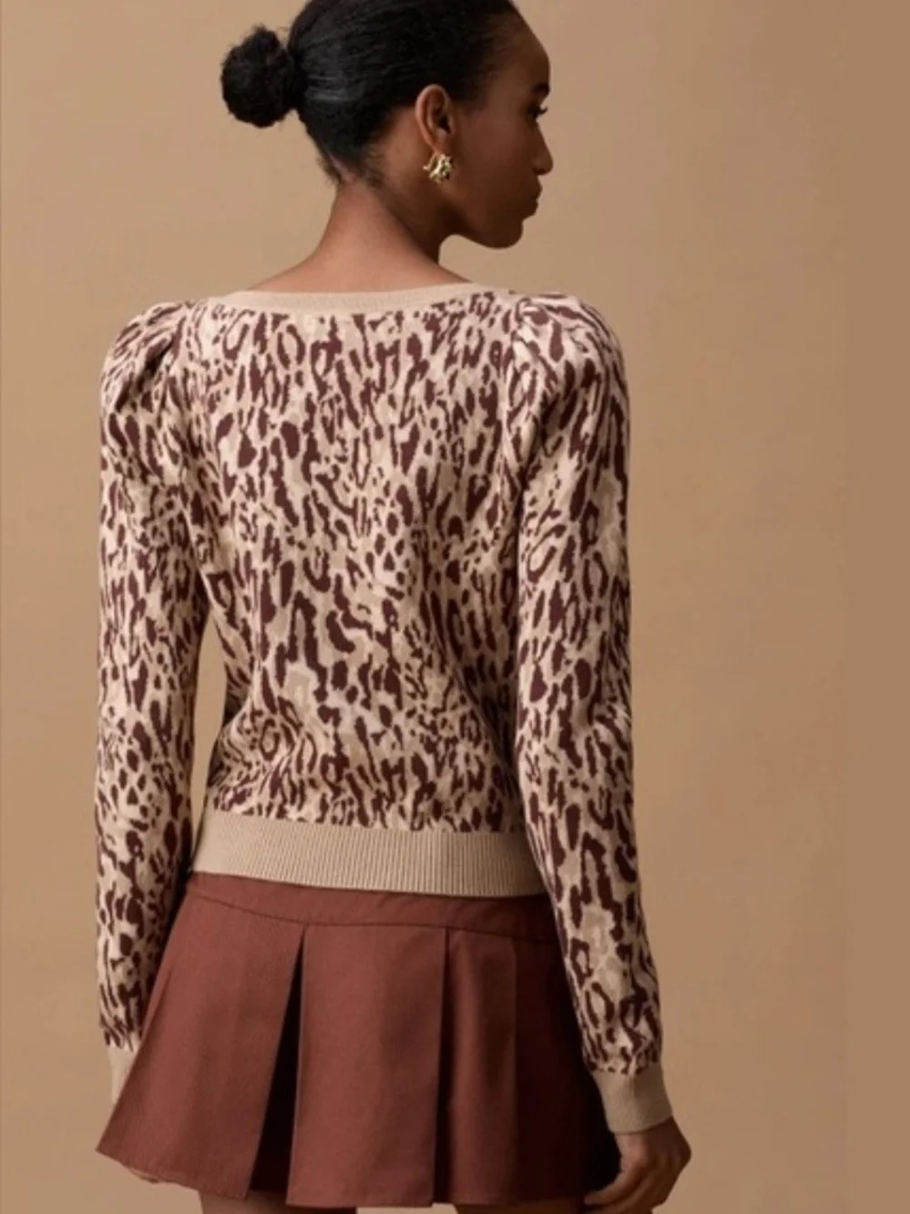 Maeve Cream and Brown Animal-Print Off-the-Shoulder Sweater